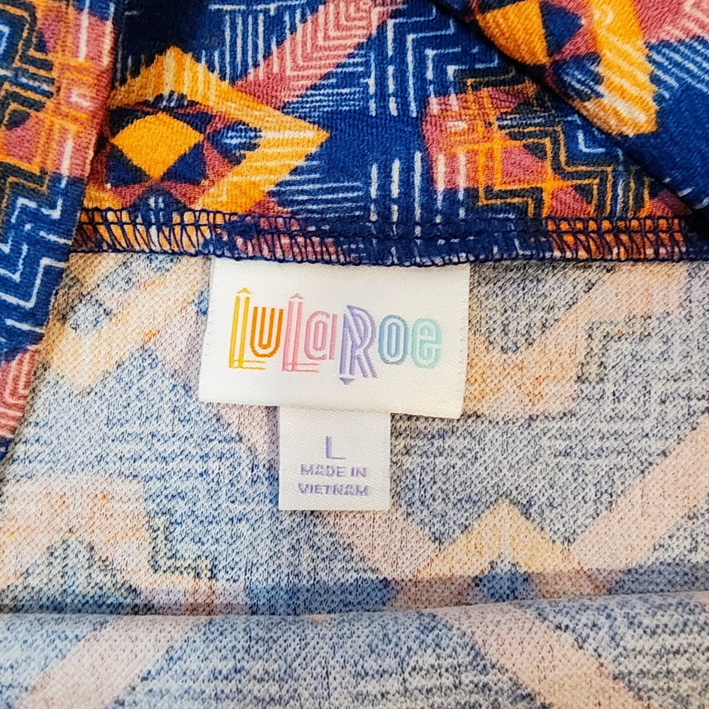 LuLaRoe L Cassie Pencil Skirt Blue Orange Geometric Pattern - Picture 3 of 5